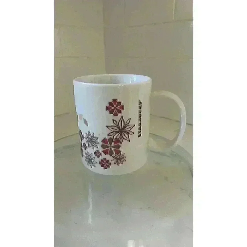 Starbucks Holiday Coffee Mug Cup 12 fl oz Red Gold Snowflake Star Christmas